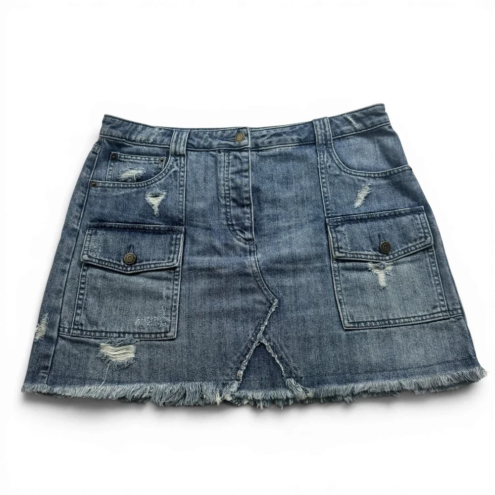 Michael Kors Womens Distressed Denim Mini Skirt Medium Wash Raw Hem Size 12